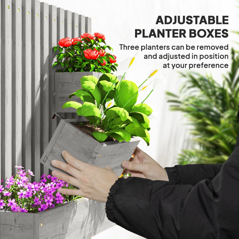 Outsunny Wall-mounted Wooden Garden Planters with Trellis, Drainage Holes and 3 Movable Planter Boxes, Wall Raised Garden Bed for Patio, Grey