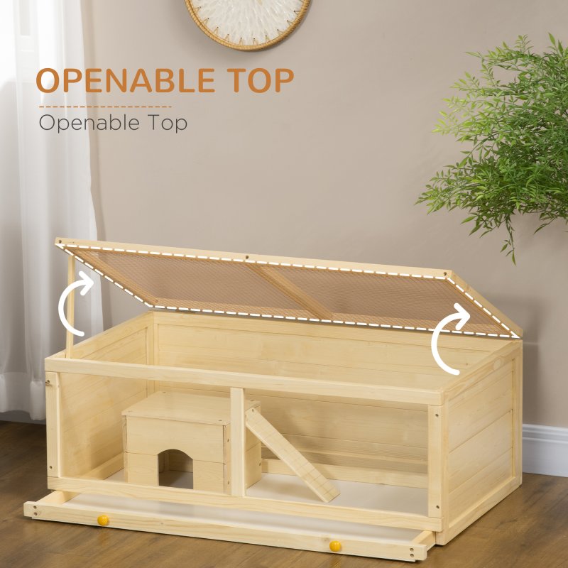 PawHut Wooden Hamster Cage, Small Animal Cage with Sliding Tray, Openable Top, Hut, Exercise Play House for Syrian Hamsters, Natural Wood Finish