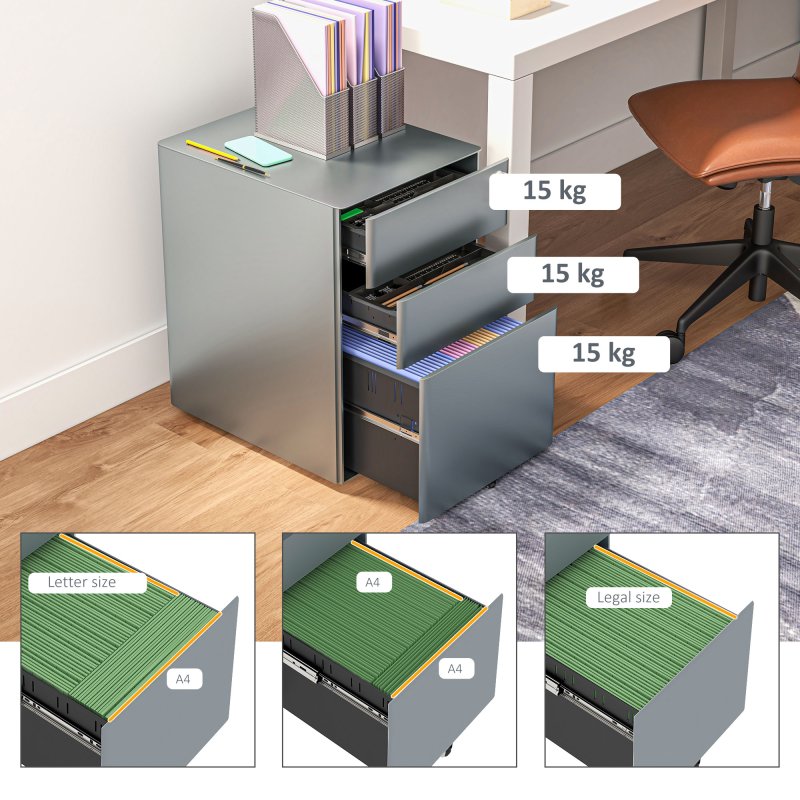 Vinsetto 3-Drawer Mobile Filing Cabinet, Steel Lockable File Cabinet for A4, Legal, Letter, Compact Under Desk Storage Unit with Pre-Assembled Body Except Wheels for Home Office, 39 x 48 x 59cm, Grey
