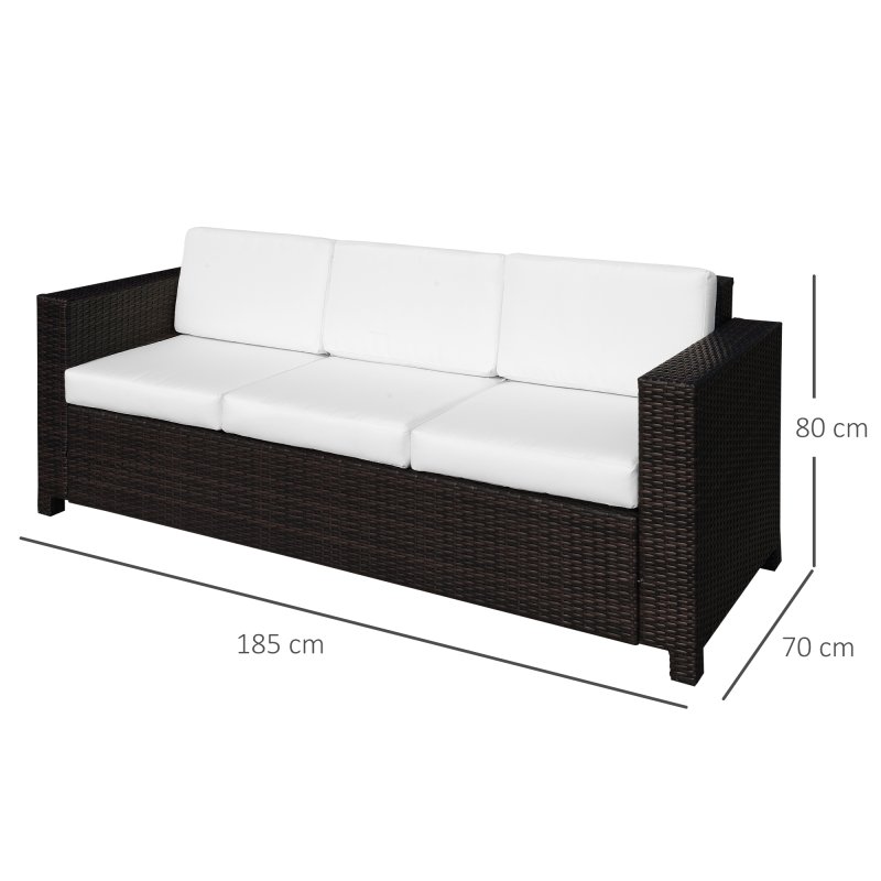 Outsunny 3 Seater Rattan Sofa with 10 cm Thick Padded Cushion, All-Weather PE Wicker Weave Garden Three-seater Bench with Armrests, Brown
