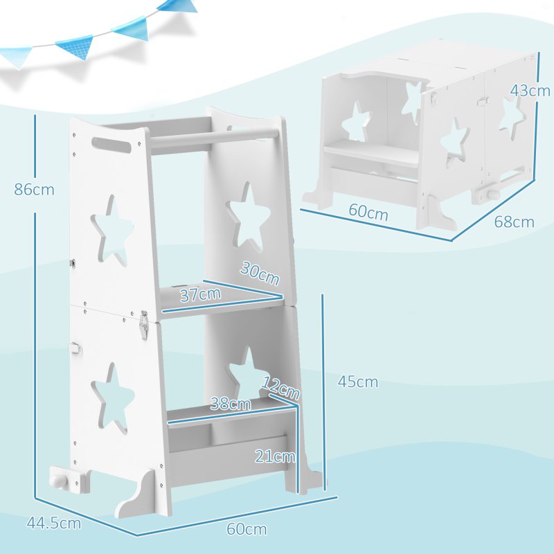 AIYAPLAY Toddler Step Stool, Toddler Tower, 2 in 1 Toddler Step with Safety Rail, for Kitchen, Bathroom, Counter, White