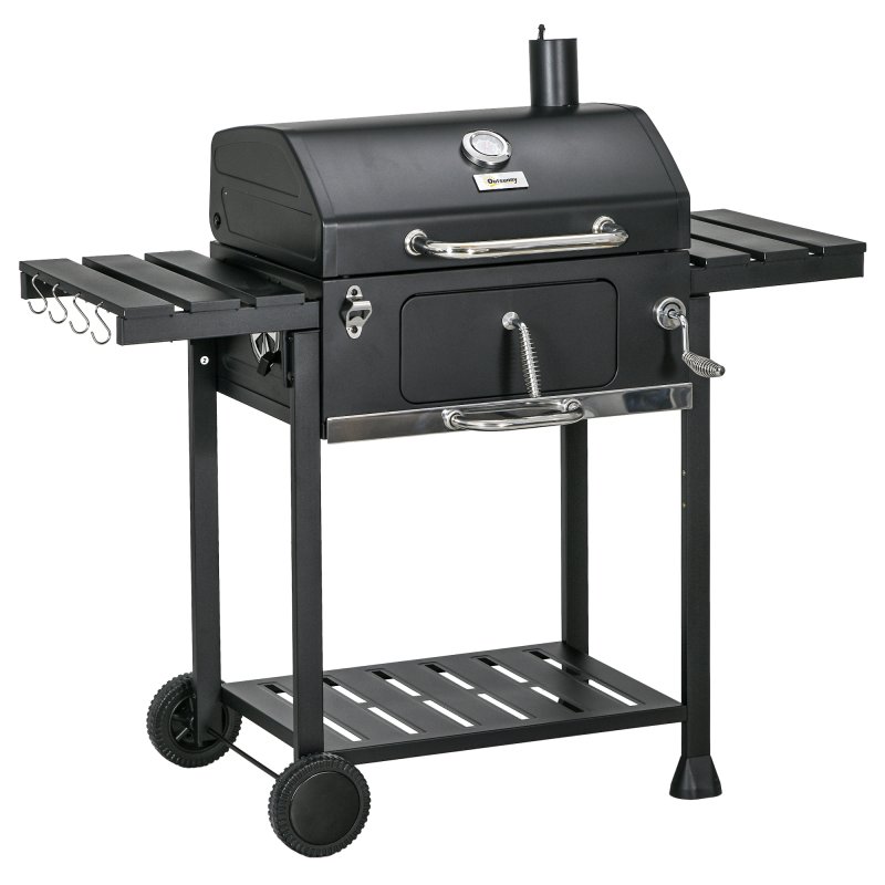 Outsunny Charcoal Barbecue Grill Trolley with Adjustable Charcoal Pan, Galvanised Steel Smoker BBQ Grill with Storage Shelves, Lid, Themometer, Bottle Opener and Wheels, Black
