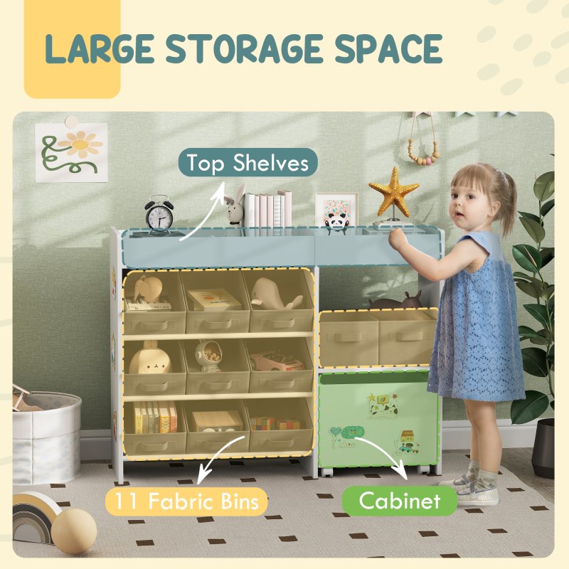 AIYAPLAY Kids Toy Storage Unit, Children Toy Box Organiser with 11 Fabric Bins, Cabinet, Top Shelves, 3 Stickers, Kids Storage Unit Bookshelf for Nursery, Playroom, Kindergarten, White