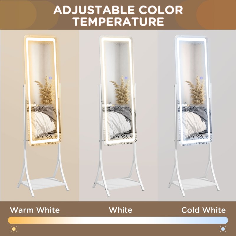 HOMCOM Full Length Mirror with LED Lights, Dimmable Free Standing Full Body Mirror with 3 Temperature Colours, Adjustable Angle and Storage Shelf for Bedroom, Living Room, Hallway, White