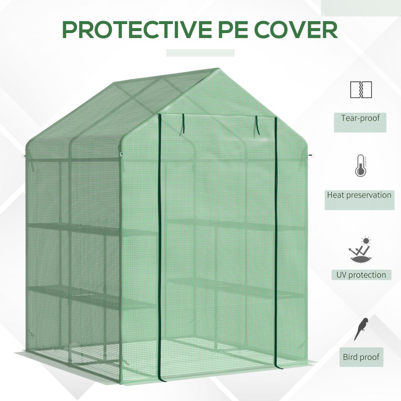 Outsunny Walk in Greenhouse with Shelves Steeple Green House for Garden Grow House Removable Cover 143x138x190cm, Green