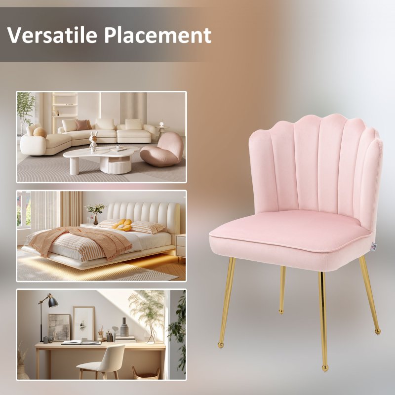 HOMCOM Shell Luxe Velvet Accent Chair with Gold-tone Metal Legs, Modern Vanity Chair for Living Room, Bedroom, Home Office, Pink