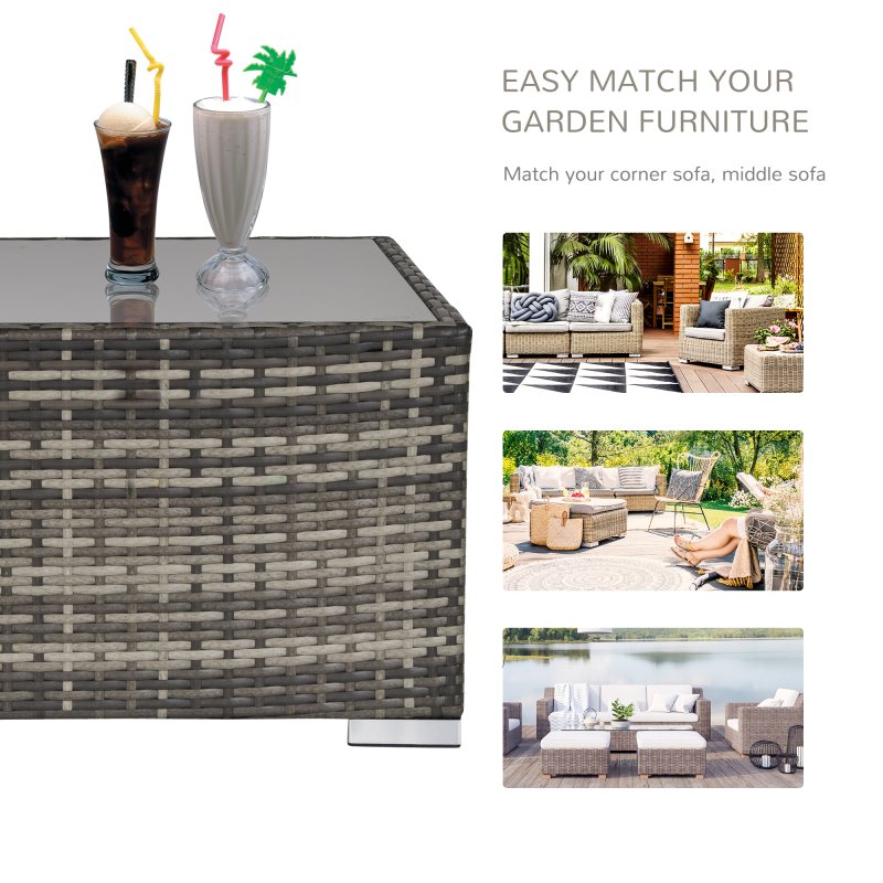 Outsunny Rattan Garden Coffee Table, 65 cm Square Garden Rattan Table with Tempered Glass Top, All-Weather Wicker Bistro Outdoor Furniture for Patio, Balcony, Porch, Deep Grey