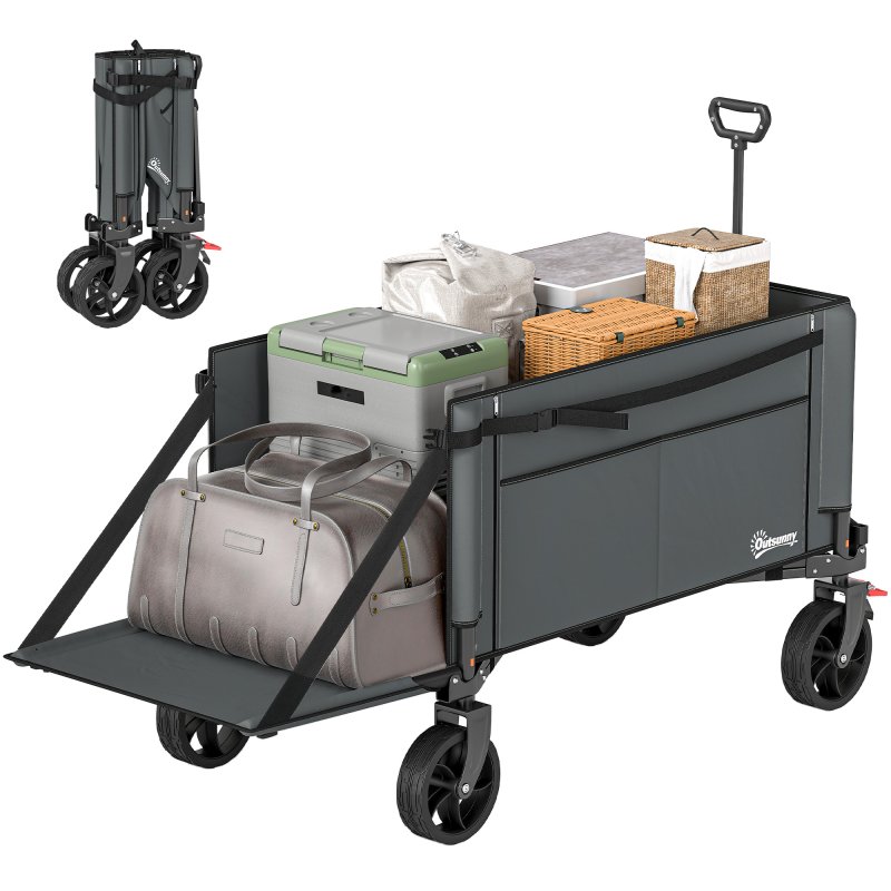 Outsunny Folding Trolley on Wheels, 150L Collapsible Wagon Festival Trolley Cart with Openable Sides, Adjustable Handle and Brakes for Shopping Camping Beach and Garden, Grey
