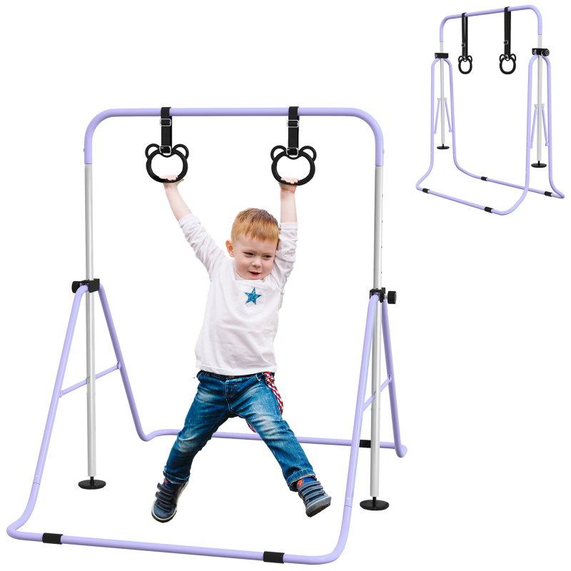 HOMCOM Kids Gymnastics Bar, Horizontal Bar for Kids, Adjustable Height Folding Gymnastics Equipment with Gymnastic Rings, Non-slip Rubber Floor Rings, for Home, Flat, Purple