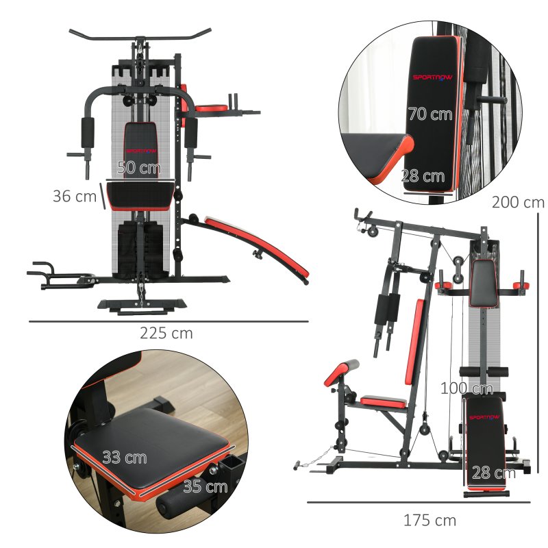 SPORTNOW Multi Gym Workout Station with 65kg Weight Stack, Sit Up Bench, Push Up Stand, Dip Station, Adjustable, for Home Gym, Full Body Strength Training