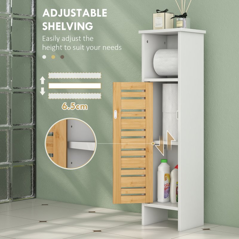 HOMCOM Bathroom Cabinet with Toilet Paper Holder, Slim Bathroom Floor Storage Cabinet Unit with Adjustable Shelf, Toilet Paper Stand, 78cm Tall, White