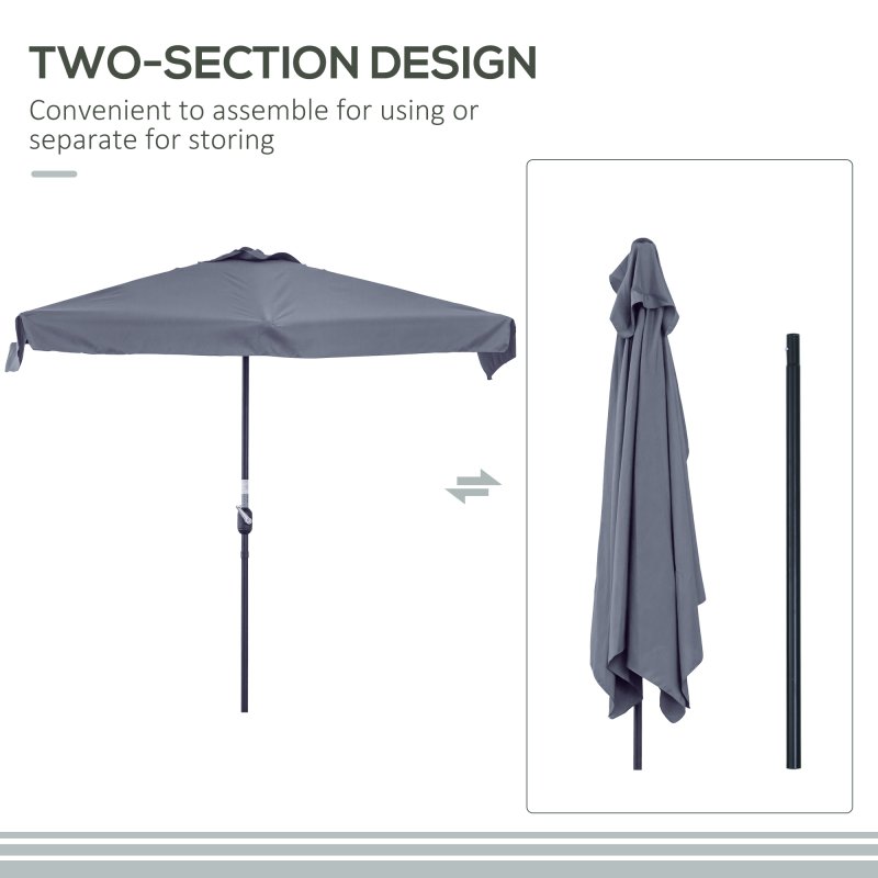 Outsunny 2.3m Half Parasol Semi Round Umbrella Patio Metal Frame Crank Handle for Balcony-- NO BASE INCLUDED, Grey