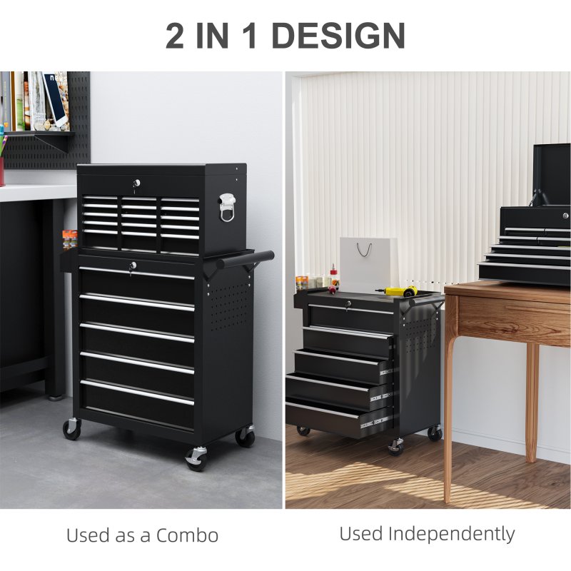 HOMCOM 2 in 1 Rolling Tool Cabinet on Wheels with 14 Drawers, Pegboard and Side Rack, Lockable Top Tool Chest and Roller Cabinet Combo for Workshop and Home, Black