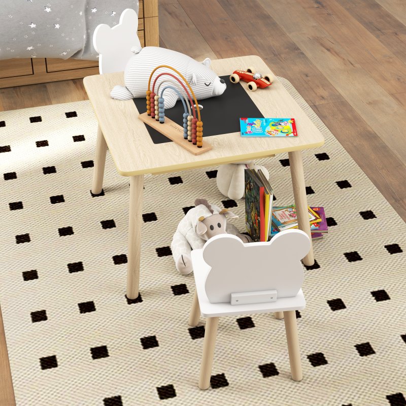 AIYAPLAY 3-Piece Kids Table and Chairs Set, Toddler Table and Chair Set with Bear-Shaped Backrest, Convertible Desk, Storage Grid for Nursery, Classroom, Playroom, Natural Wood