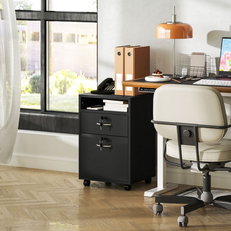 HOMCOM 60cm Filing Cabinet with Drawer, Open Shelf, Metal Handles and 4 Wheels, Office Home Organiser Mobile Printer with Two Locks