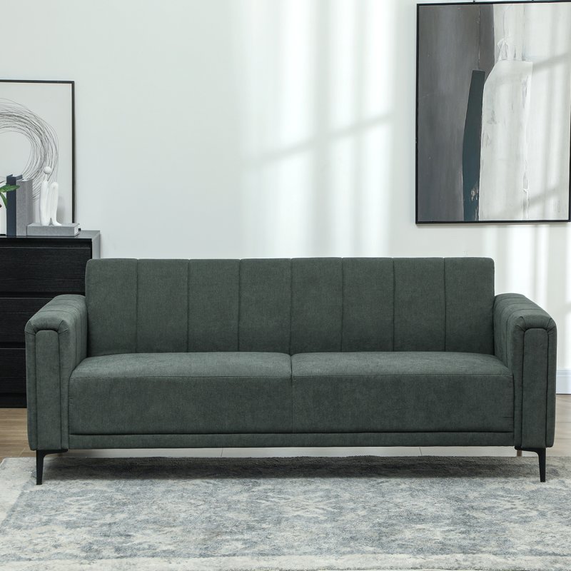 HOMCOM 3 Seater Sofa, Modern Fabric Sofa Couch, Channel Tufted Upholstered Sofa Settee for Living Room, Guest Room, Bedroom, Home Office, Charcoal Grey