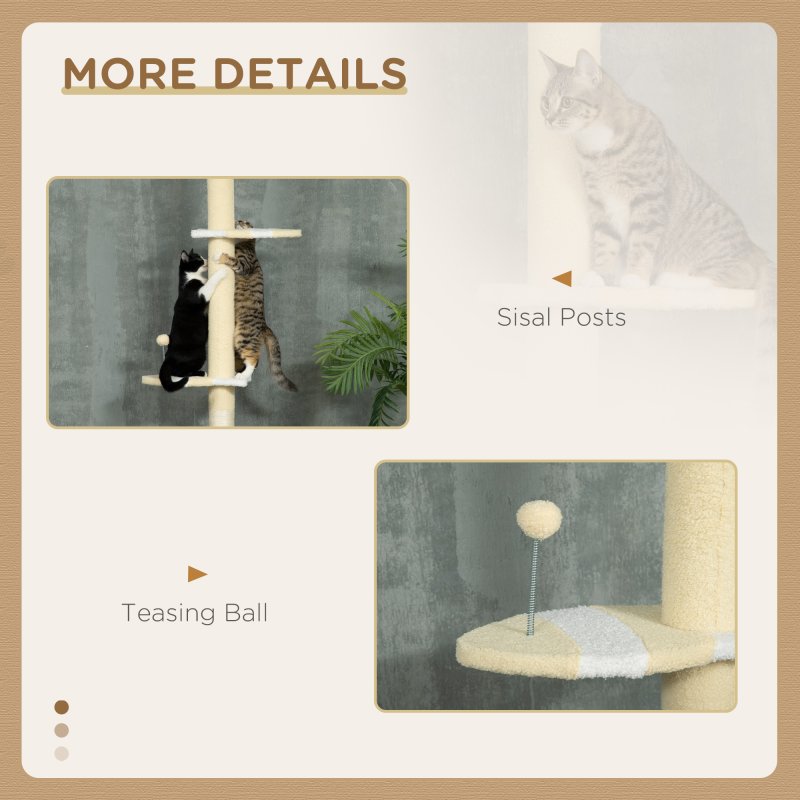 PawHut 260cm Floor to Ceiling Cat Tree, Height Adjustable Kitten Tower with Anti-slip Kit, Multi-Layer Activity Centre w/ Fish-shaped Perches Scratching Post Ball Toy - Yellow