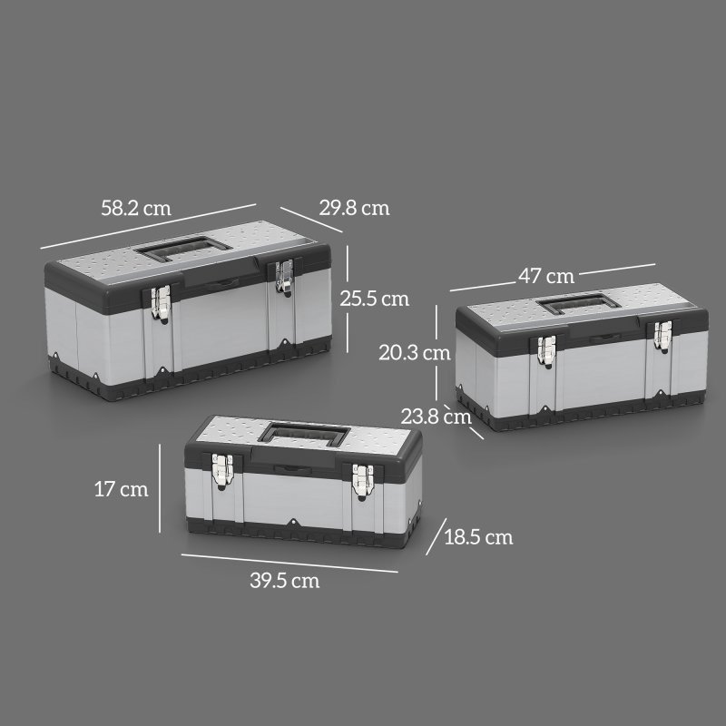 HOMCOM 3 Pieces Tool Box Set, 23"/ 19"/ 16" Powder Coated Stainless Steel Toolbox with Removable Tray, Handles, Latches, Heavy Duty Tool Case Storage for Workshop, Garage