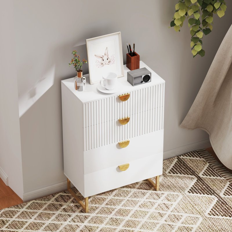 HOMCOM Bedroom Chest of Drawers with Gold Tone Handle, Modern Fluted 4-Drawer Dresser with Metal Legs for Living Room, Hallway, White