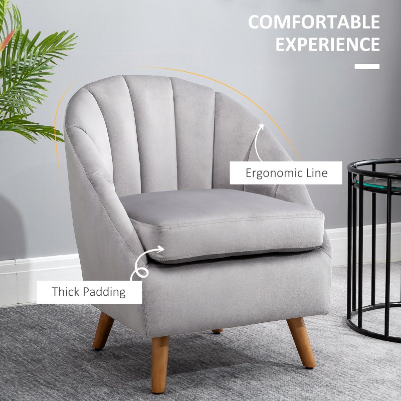 HOMCOM Velvet Armchair, Modern Accent Chair, Upholstered Tub Chair with Solid Wood Legs and Seat Cushion for Living Room, Grey