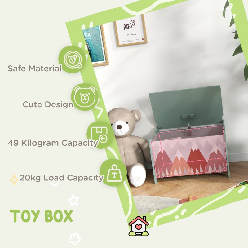 ZONEKIZ Toy Box, Kids Toy Chest with Lid, Safety Hinge, Cute Design - Green