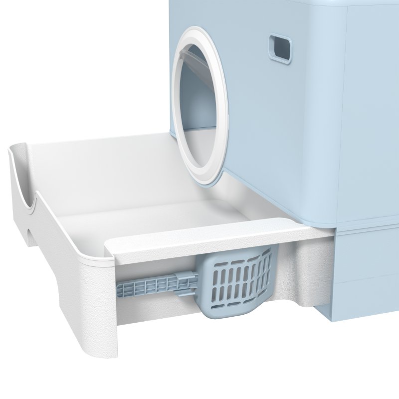 PawHut Cat Litter Tray with Hood Cat Litter Box with Front Entry, Top Exit, Drawer, Tray, Scoop, 38.5H x 52L x 41Wcm - Blue