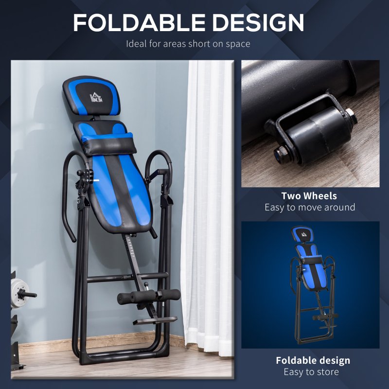 HOMCOM Foldable Gravity Inversion Table, Back Therapy Fitness Bench w/ Soft Ankle Cushions, for Home, Office, Gym - Black