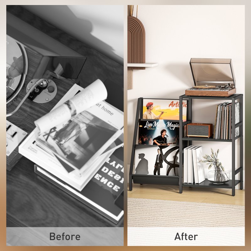 HOMCOM Record Player Stand, 3-Tier Side Table with Vinyl Record Storage, End Table with 3 Oxford Cloth Magazine Racks for Living Room, Bedroom, Black Wood Effect