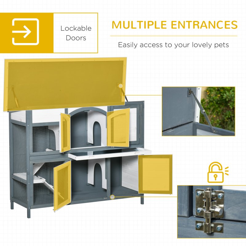PawHut Rabbit Hutch Outdoor Guinea Pig Hutch 2 Tier Wooden Cage w/ Ramp, Divider, Openable Roof, 125 x 48 x 100cm - Grey