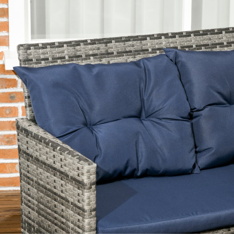 Outsunny 6 Pieces Rattan Garden Furniture Set, 8-Seater Garden Corner Sofa Set with 3 Loveseats, Glass Top Table, Footstools, Outdoor Conservatory Furniture with Cushions for Patio, Dark Blue