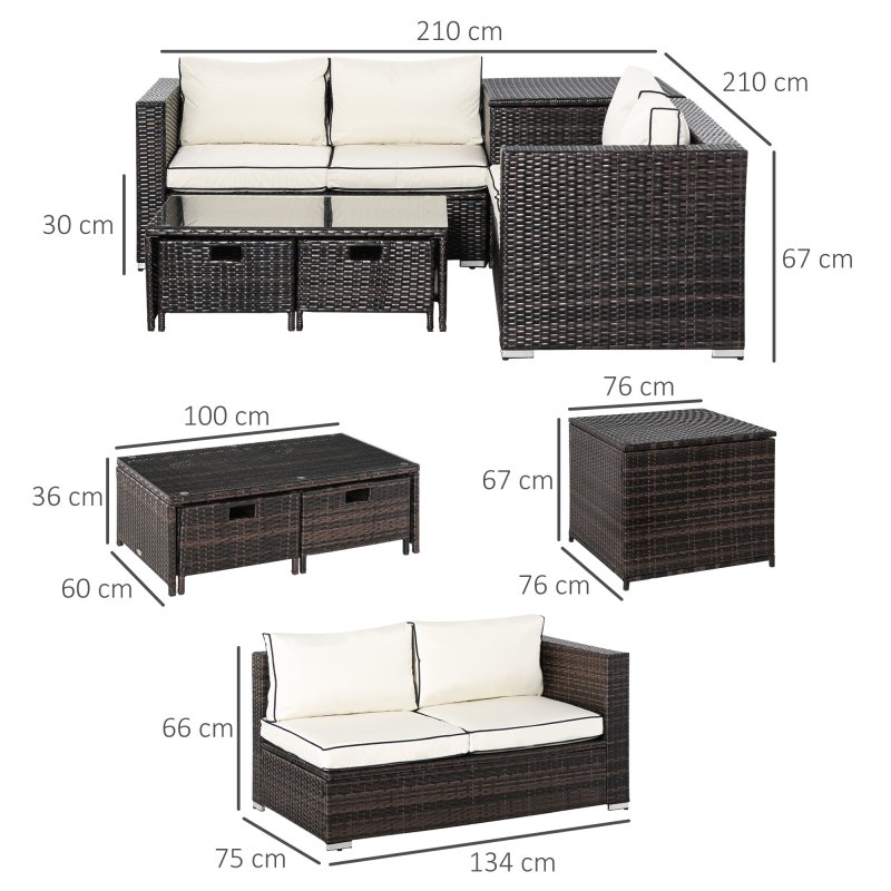 Outsunny 4 Pieces Rattan Garden Furniture Set, 4 Seater Corner Sofa Set with Storage Box, 2 Drawers Coffee Table, Loveseats with Cushions, Wicker Garden Conservatory Furniture for Balcony, Brown