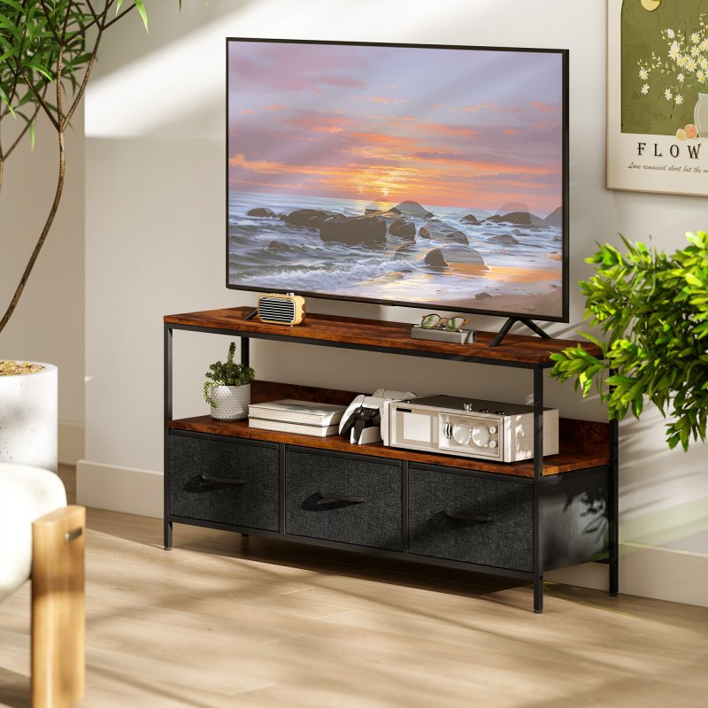HOMCOM TV Stand Cabinet up to 55-inch, TV Unit with 3 Foldable Linen Drawers, Open Shelf for Living Room, Bedroom, Entertainment Room, Rustic Brown