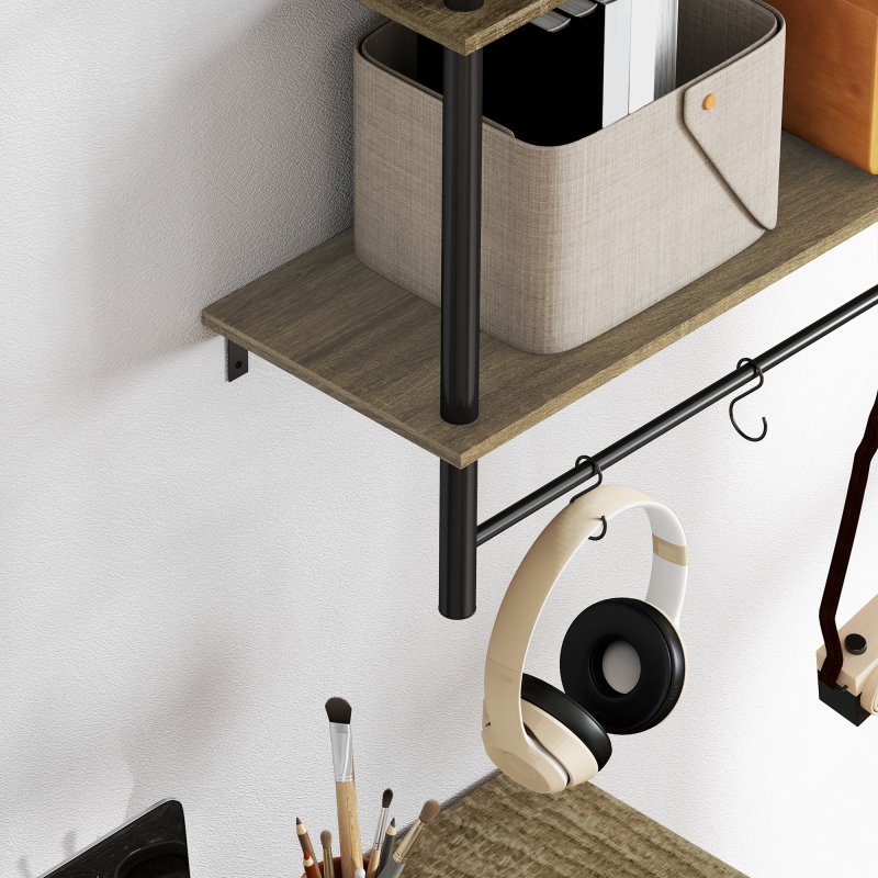 HOMCOM Floating Shelves, 80CM Wall Mounted Shelf with 4 Hooks, Rustic Wood Display Shelf for Living Room, Entryway, Bedroom, Grey