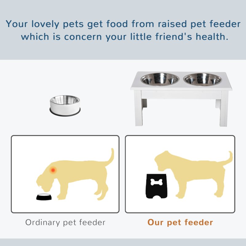 PawHut Raised Dog Bowl Feeding Bowls with Stand for Extra Small and Small Dogs Elevated Pet Bowls Water Food Feeder 44L x 24W x 15H cm - White
