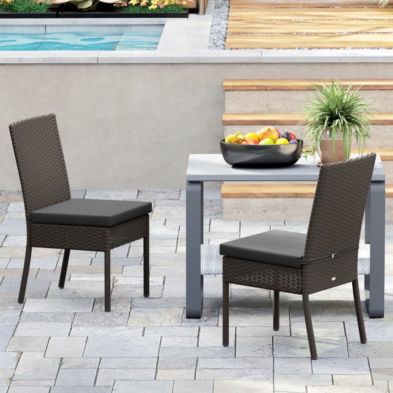 Outsunny 4 Pieces PE Rattan Garden Chairs with Cushion, Patio Wicker Dining Chairs with Backrest for Patio, Deck, Garden, Dark Grey