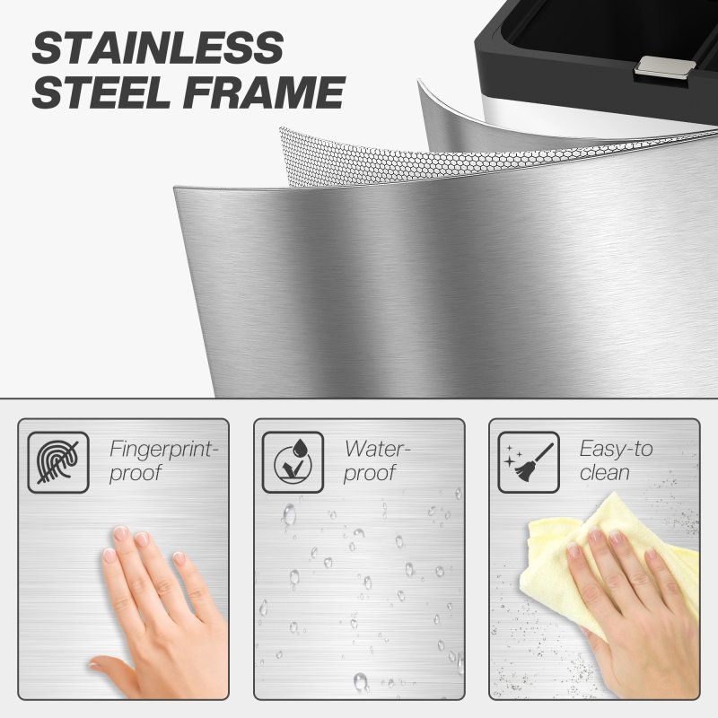 HOMCOM Kitchen Bin, 2 x 18L and 20L Volumes, Stainless Steel 3 Compartment Bin with Wheels, Soft Close Lid, Removable Inner Buckets, Fingerprint-Proof for Recycling and Waste, Silver Tone
