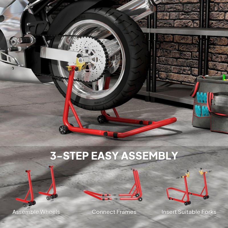 HOMCOM Motorcycle Rear Wheel Stand, 544 kg Capacity Heavy Duty Steel Motorbike Motorcycle Paddock Stand Lift with Adjustable U + L Forks, Wheels, Non-Slip Pads for Workshop Garage Repair, Red