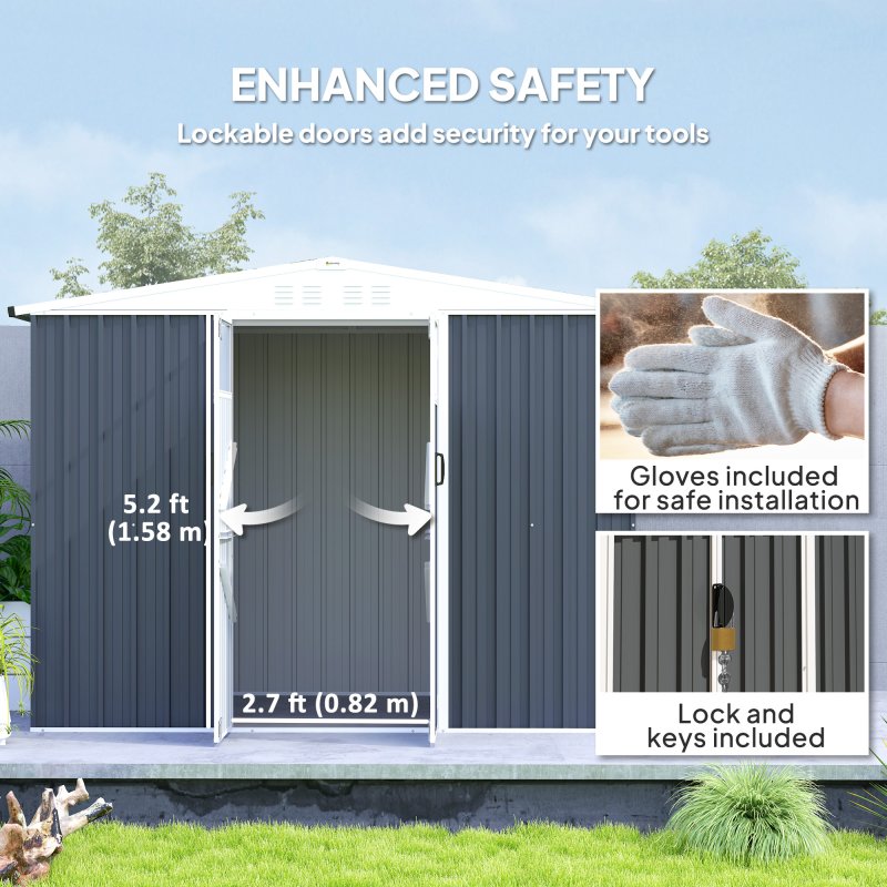 Outsunny 8 x 4 ft Metal Garden Shed, Garden Storage Shed with Window, 4 Vents and Lockable Door, Waterproof Galvanised Steel Tool Storage Shed, Dark Grey