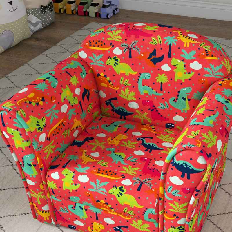 AIYAPLAY Kids Sofa Chair, Toddler Armchair with Dinosaur Design, Wooden Frame, Upholstered Toddler Chair for Bedroom, Playroom, Kids Room - Red