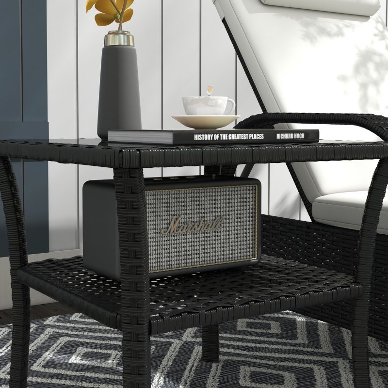 Outsunny 50cm Outdoor PE Rattan Coffee Table, Patio Wicker Two-tier Side Table with Glass Top, for Patio, Garden, Balcony, Black