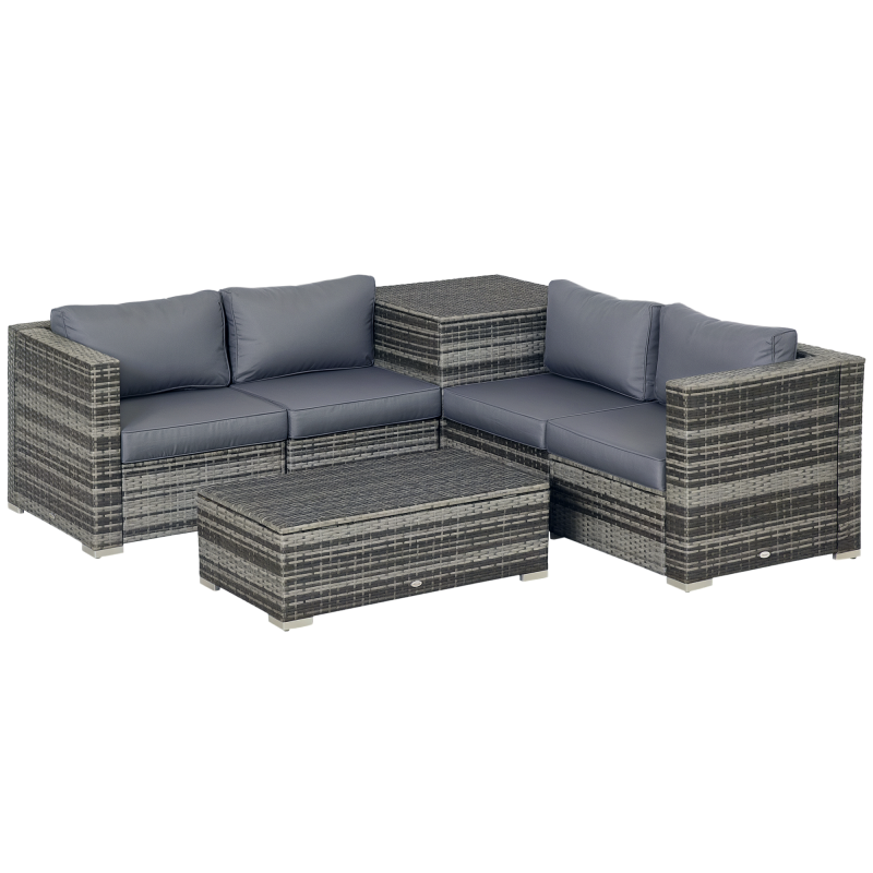 Outsunny 6 Pieces Rattan Garden Furniture Set, 4 Seater Wicker Garden Corner Sofa Set with 2 Storage Tables and Loveseats, Outdoor Conversation Furniture with Cushions for Conservatory, Patio, Grey