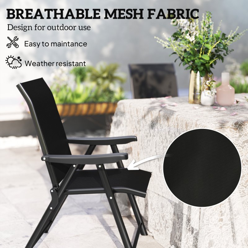 Outsunny Set of 4 Folding Chair, Garden Chair Set with Breathable Mesh Back and Seat, Outdoor Camping Chairs with Armrests, Steel Frame for Deck Balcony, Black