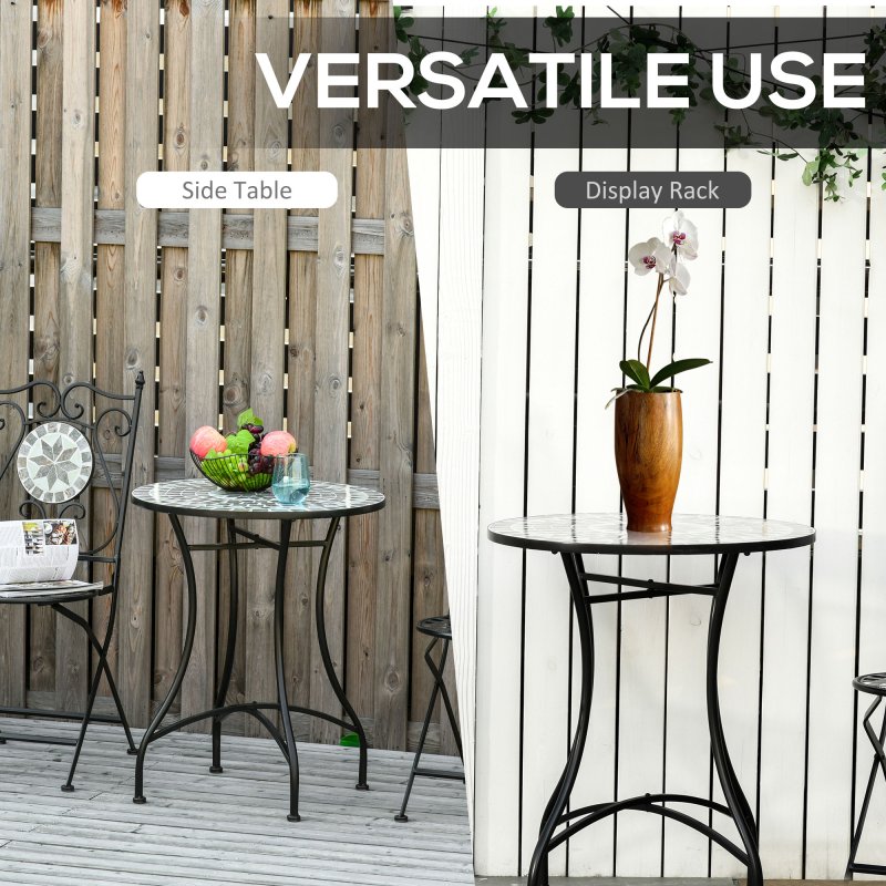 Outsunny 60 cm Mosaic Garden Table, Small Round Outdoor Side Table with Ceramic Top, Plant Stand for Patio, Balcony, Grey and Green