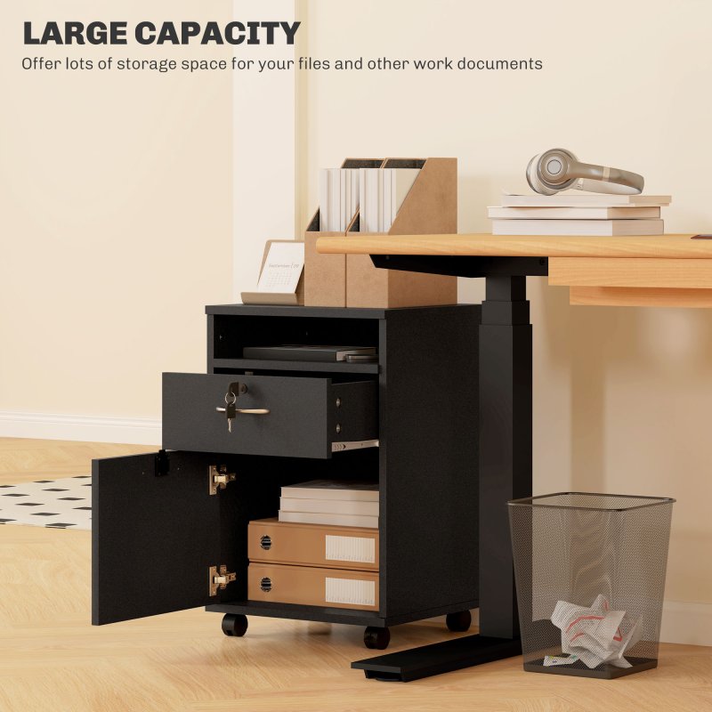 HOMCOM 60cm Filing Cabinet with Drawer, Open Shelf, Metal Handles and 4 Wheels, Office Home Organiser Mobile Printer with Two Locks