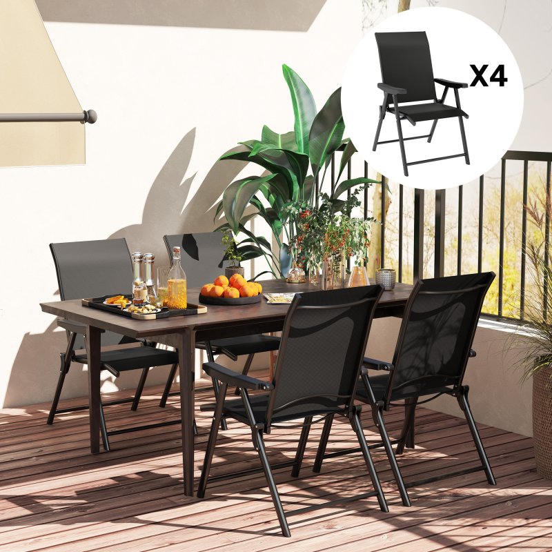 Outsunny Set of 4 Folding Chair, Garden Chair Set with Breathable Mesh Back and Seat, Outdoor Camping Chairs with Armrests, Steel Frame for Deck Balcony, Black