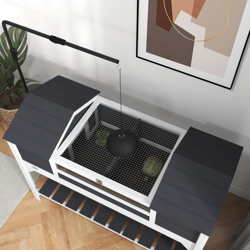 PawHut Tortoise House, Wooden Tortoise Enclosure with Adjustable Lamp Holder, Tortoise Table with Openable Lid, Dual Main Houses, Storage Shelf, Basking Area, Fixed Tray - Grey