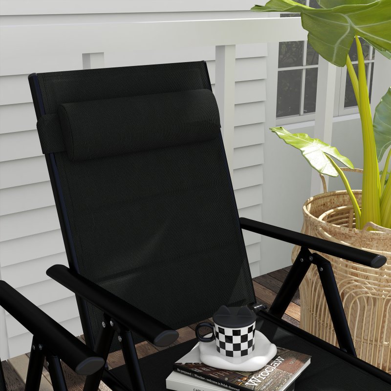 Outsunny Set of 2 Patio Folding Chairs with Adjustable Back, Aluminium Dining Chairs with Breathable Mesh Fabric Padded Seat and Backrest, Headrest for Outdoor Garden Lawn, Black