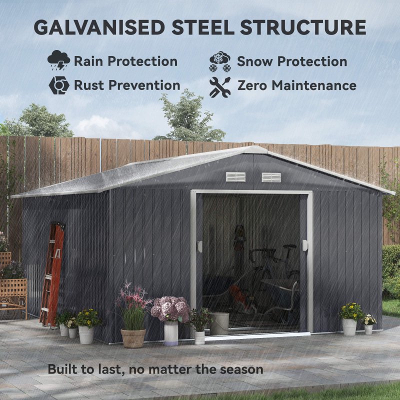 Outsunny 13 x 11ft Metal Garden Shed, Outdoor Storage Tool House with Ventilation Slots, Foundation Kit and Lockable Double Doors