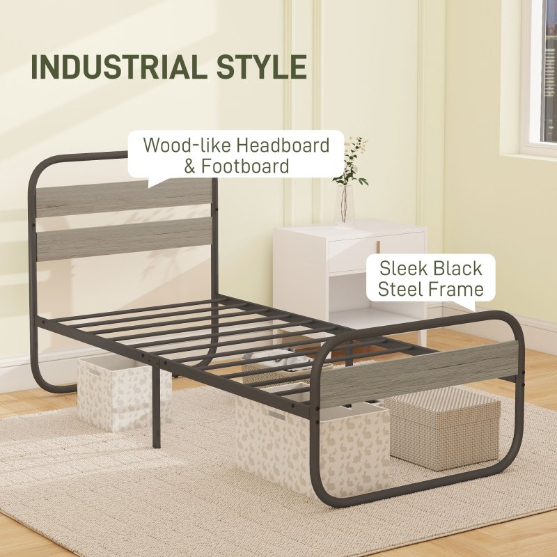 HOMCOM 3ft Single Bed Frame, Industrial Style Metal Platform Bed Frame with Under Bed Storage, No Box Spring Needed, Easy Assembly, Grey