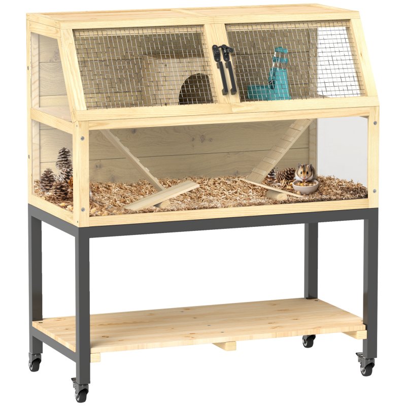 PawHut Hamster Cage, Wooden Gerbil Cage with Storage Shelf, Wheels, Ramps, Water Bottle, Hut, Seesaws, for Dwarf, Syrian, Gerbil